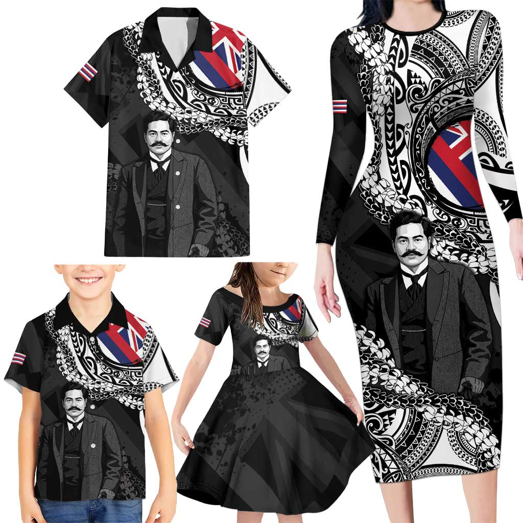 Personalised Hawaii Prince Kuhio Family Matching Long Sleeve Bodycon Dress and Hawaiian Shirt Hawaiian Maile Lei LT05 - Polynesian Pride