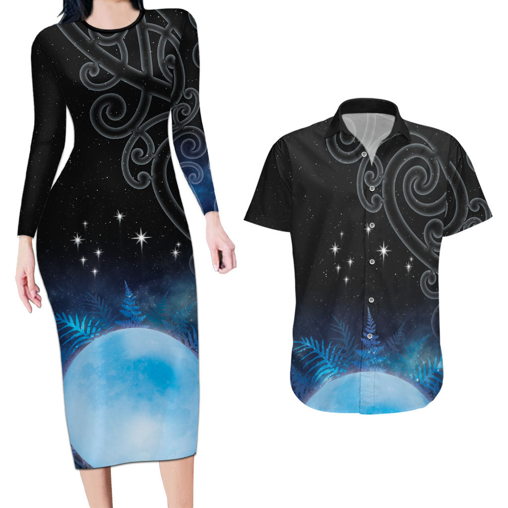 New Zealand Matariki Couples Matching Long Sleeve Bodycon Dress and Hawaiian Shirt Pleiades Star Cluster Blue Galaxy