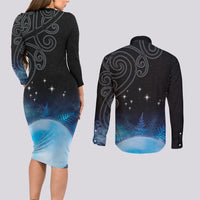 New Zealand Matariki Couples Matching Long Sleeve Bodycon Dress and Long Sleeve Button Shirt Pleiades Star Cluster Blue Galaxy