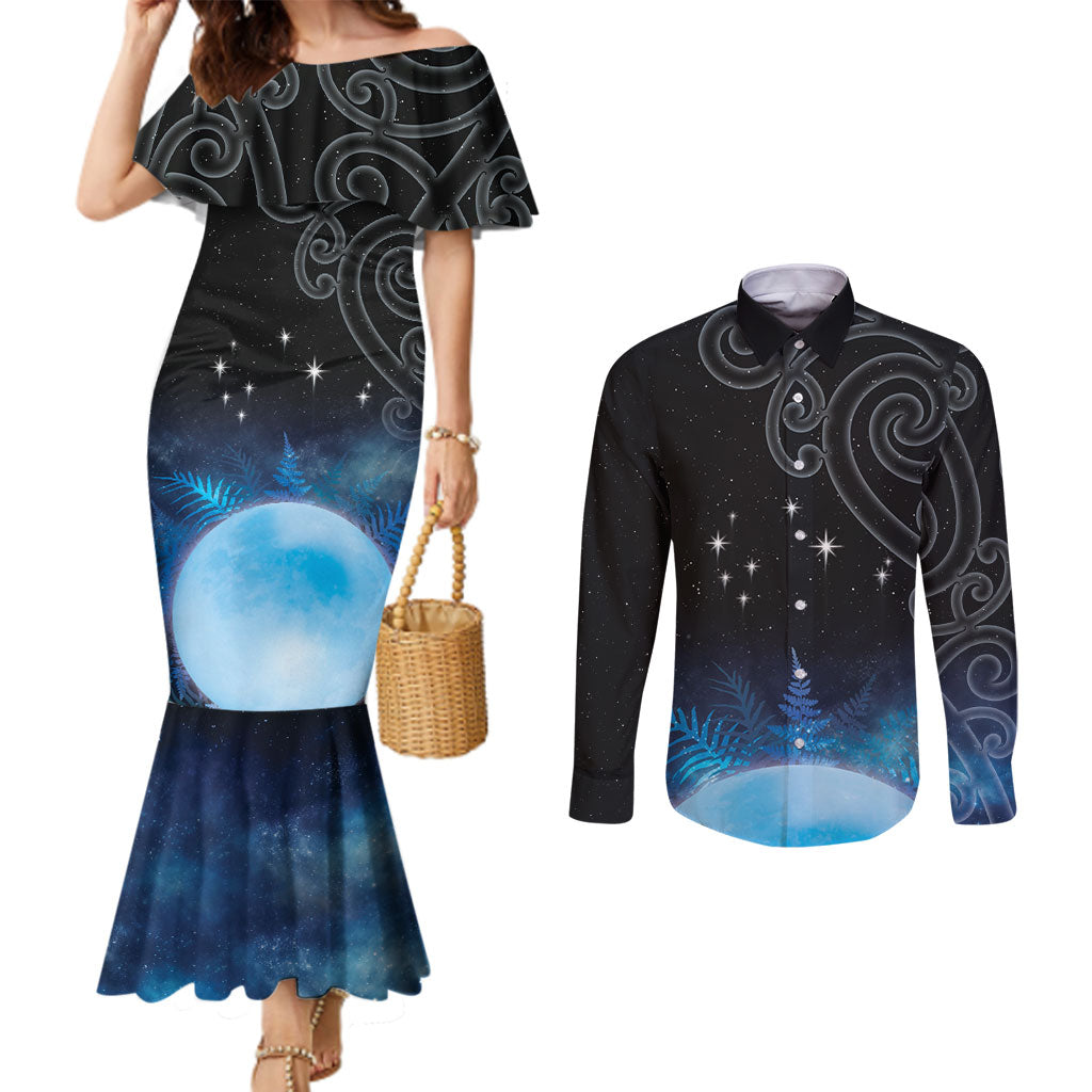 New Zealand Matariki Couples Matching Mermaid Dress and Long Sleeve Button Shirt Pleiades Star Cluster Blue Galaxy