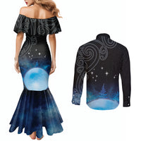 New Zealand Matariki Couples Matching Mermaid Dress and Long Sleeve Button Shirt Pleiades Star Cluster Blue Galaxy