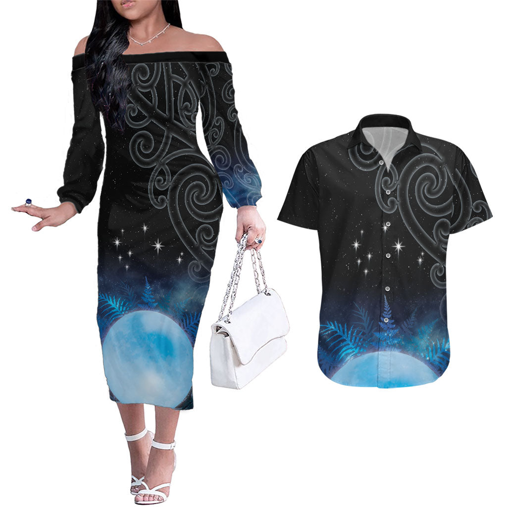 New Zealand Matariki Couples Matching Off The Shoulder Long Sleeve Dress and Hawaiian Shirt Pleiades Star Cluster Blue Galaxy
