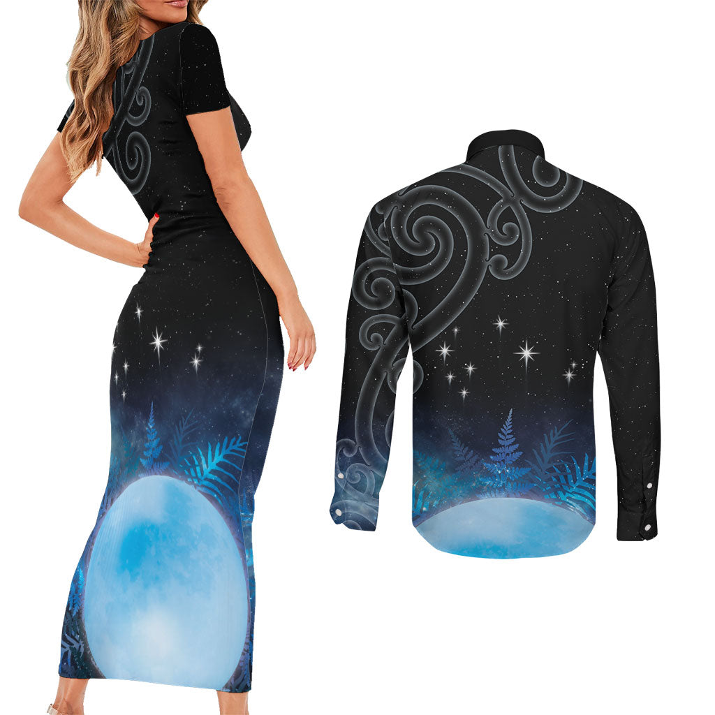 New Zealand Matariki Couples Matching Short Sleeve Bodycon Dress and Long Sleeve Button Shirt Pleiades Star Cluster Blue Galaxy