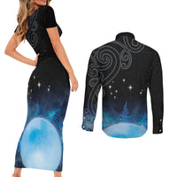 New Zealand Matariki Couples Matching Short Sleeve Bodycon Dress and Long Sleeve Button Shirt Pleiades Star Cluster Blue Galaxy