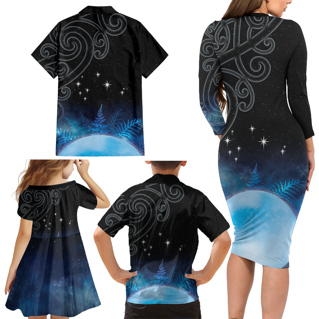 New Zealand Matariki Family Matching Long Sleeve Bodycon Dress and Hawaiian Shirt Pleiades Star Cluster Blue Galaxy