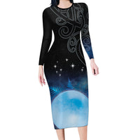 New Zealand Matariki Family Matching Long Sleeve Bodycon Dress and Hawaiian Shirt Pleiades Star Cluster Blue Galaxy