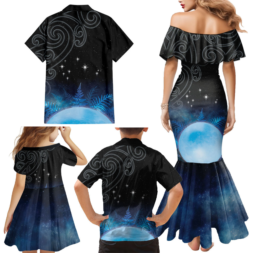 New Zealand Matariki Family Matching Mermaid Dress and Hawaiian Shirt Pleiades Star Cluster Blue Galaxy