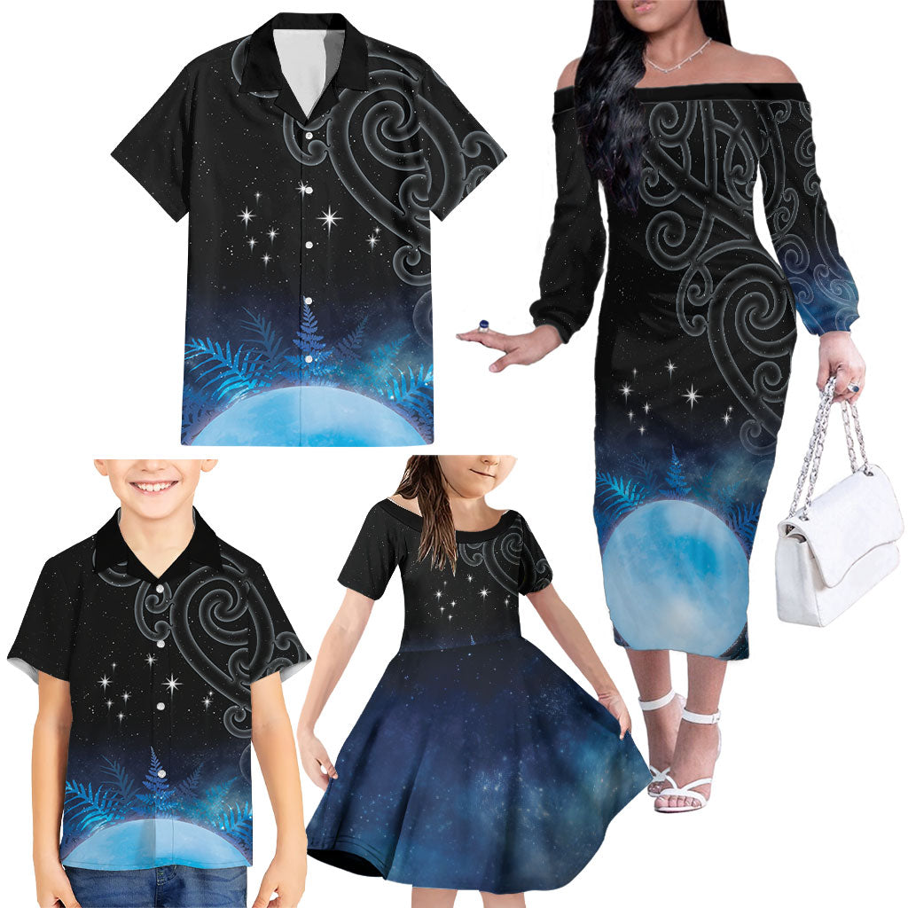 New Zealand Matariki Family Matching Off The Shoulder Long Sleeve Dress and Hawaiian Shirt Pleiades Star Cluster Blue Galaxy