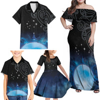 New Zealand Matariki Family Matching Off Shoulder Maxi Dress and Hawaiian Shirt Pleiades Star Cluster Blue Galaxy