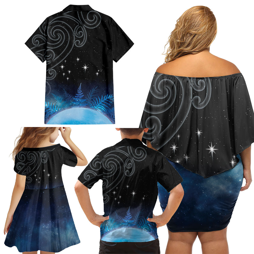 New Zealand Matariki Family Matching Off Shoulder Short Dress and Hawaiian Shirt Pleiades Star Cluster Blue Galaxy