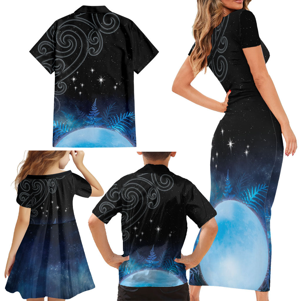 New Zealand Matariki Family Matching Short Sleeve Bodycon Dress and Hawaiian Shirt Pleiades Star Cluster Blue Galaxy
