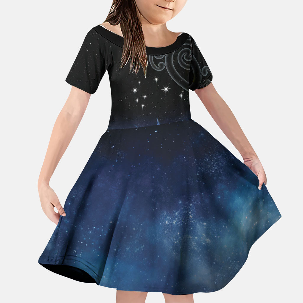 New Zealand Matariki Family Matching Summer Maxi Dress and Hawaiian Shirt Pleiades Star Cluster Blue Galaxy