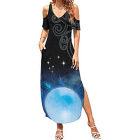 New Zealand Matariki Family Matching Summer Maxi Dress and Hawaiian Shirt Pleiades Star Cluster Blue Galaxy