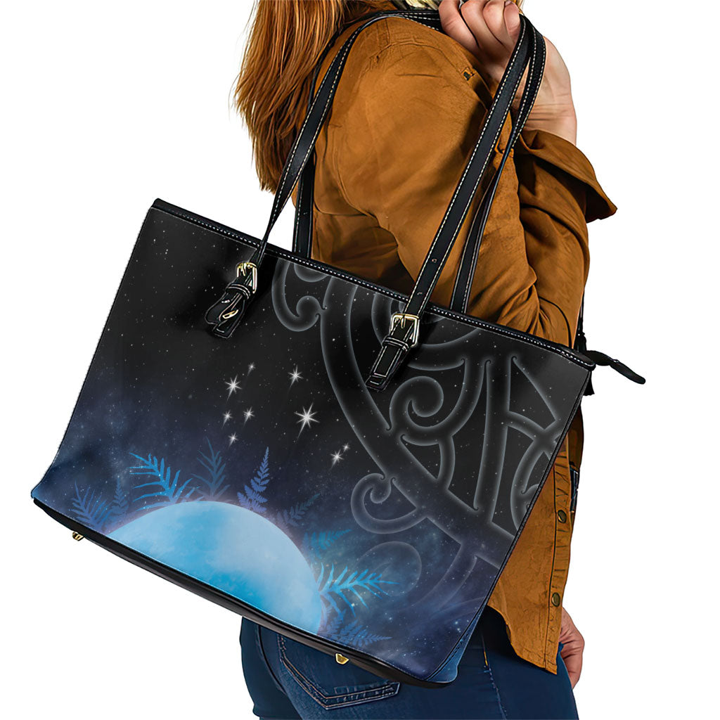 New Zealand Matariki Leather Tote Bag Pleiades Star Cluster Blue Galaxy LT05 - Polynesian Pride