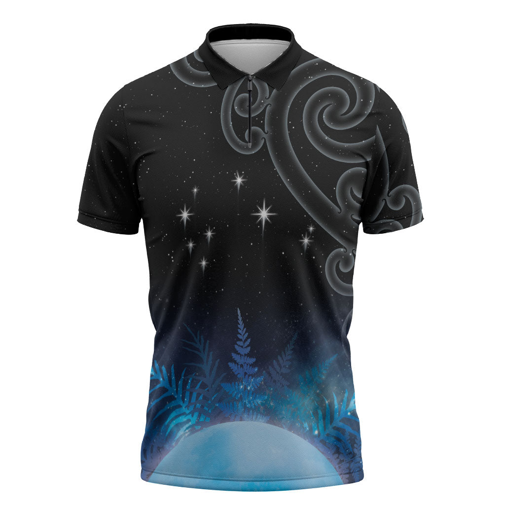 New Zealand Matariki Zipper Polo Shirt Pleiades Star Cluster Blue Galaxy