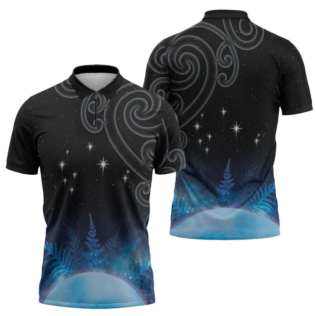 New Zealand Matariki Zipper Polo Shirt Pleiades Star Cluster Blue Galaxy