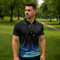 New Zealand Matariki Zipper Polo Shirt Pleiades Star Cluster Blue Galaxy
