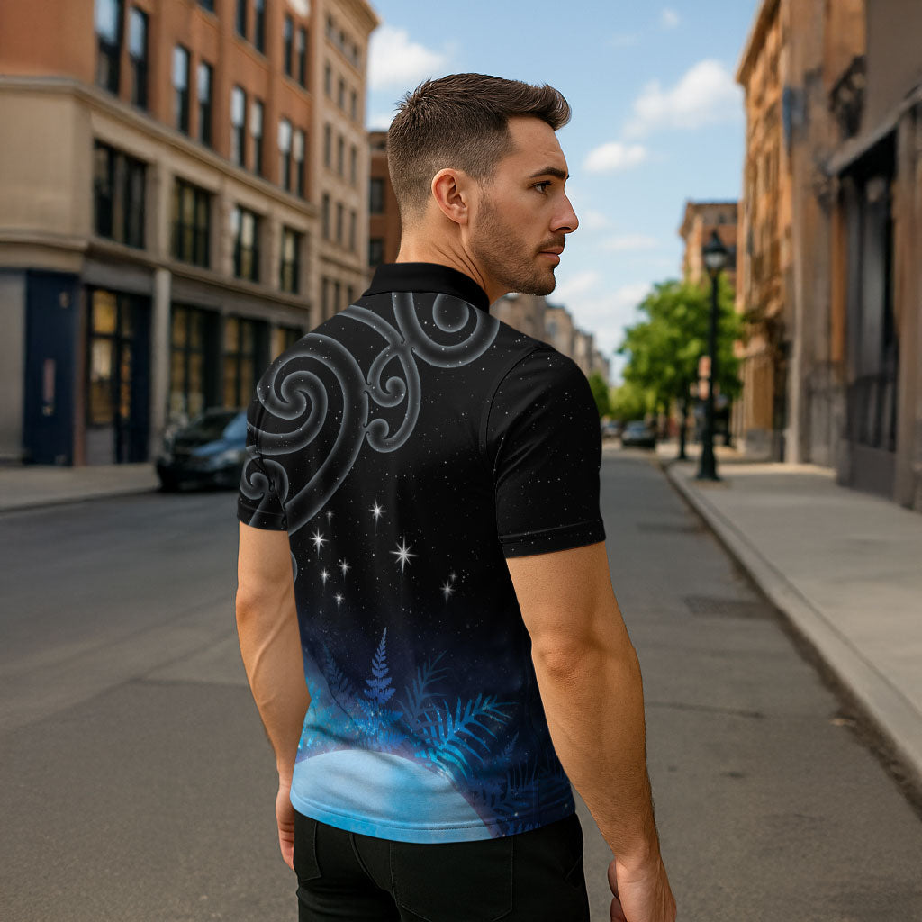 New Zealand Matariki Zipper Polo Shirt Pleiades Star Cluster Blue Galaxy