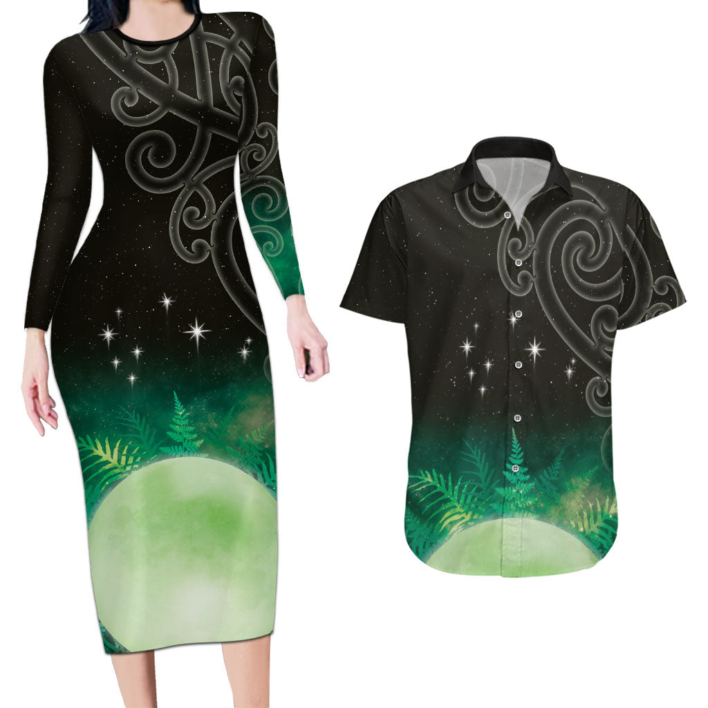 New Zealand Matariki Couples Matching Long Sleeve Bodycon Dress and Hawaiian Shirt Pleiades Star Cluster Green Galaxy