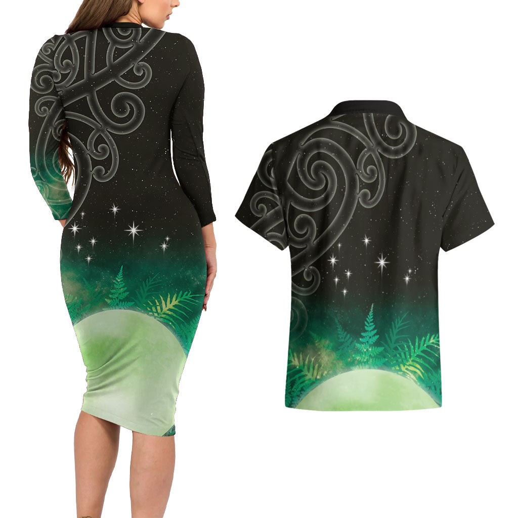 New Zealand Matariki Couples Matching Long Sleeve Bodycon Dress and Hawaiian Shirt Pleiades Star Cluster Green Galaxy