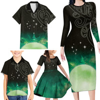 New Zealand Matariki Family Matching Long Sleeve Bodycon Dress and Hawaiian Shirt Pleiades Star Cluster Green Galaxy