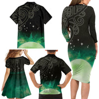 New Zealand Matariki Family Matching Long Sleeve Bodycon Dress and Hawaiian Shirt Pleiades Star Cluster Green Galaxy