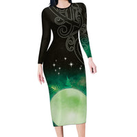 New Zealand Matariki Family Matching Long Sleeve Bodycon Dress and Hawaiian Shirt Pleiades Star Cluster Green Galaxy