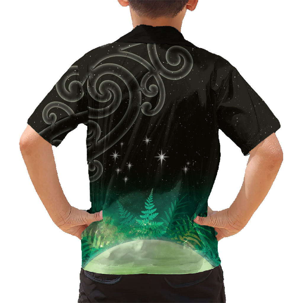 New Zealand Matariki Family Matching Off The Shoulder Long Sleeve Dress and Hawaiian Shirt Pleiades Star Cluster Green Galaxy