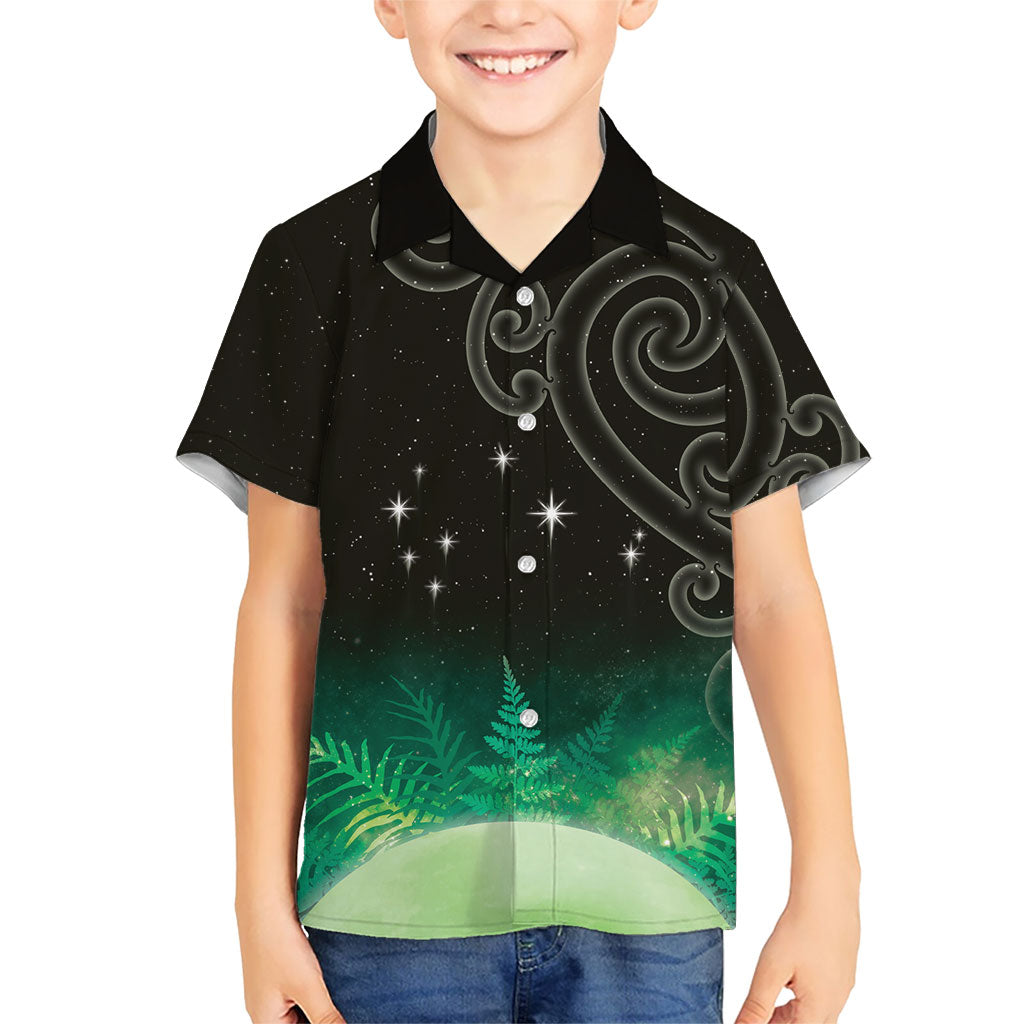 New Zealand Matariki Family Matching Off The Shoulder Long Sleeve Dress and Hawaiian Shirt Pleiades Star Cluster Green Galaxy