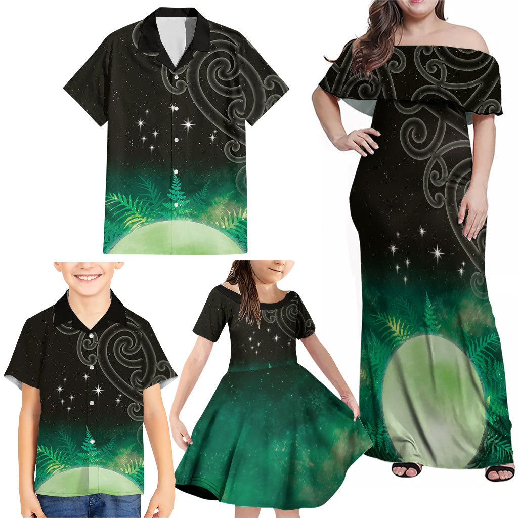 New Zealand Matariki Family Matching Off Shoulder Maxi Dress and Hawaiian Shirt Pleiades Star Cluster Green Galaxy