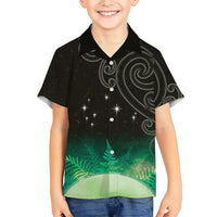 New Zealand Matariki Family Matching Short Sleeve Bodycon Dress and Hawaiian Shirt Pleiades Star Cluster Green Galaxy