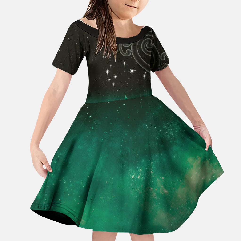 New Zealand Matariki Family Matching Summer Maxi Dress and Hawaiian Shirt Pleiades Star Cluster Green Galaxy