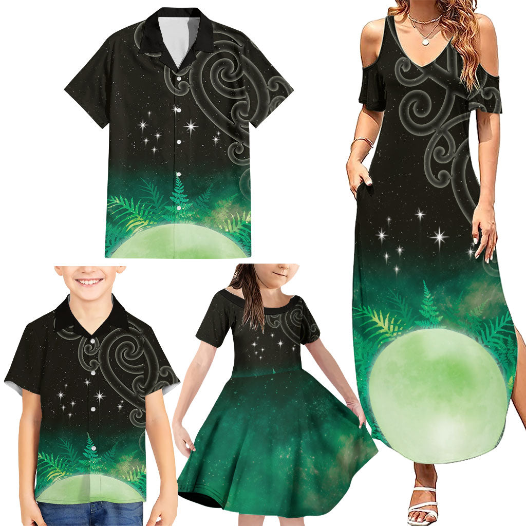 New Zealand Matariki Family Matching Summer Maxi Dress and Hawaiian Shirt Pleiades Star Cluster Green Galaxy