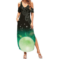 New Zealand Matariki Family Matching Summer Maxi Dress and Hawaiian Shirt Pleiades Star Cluster Green Galaxy