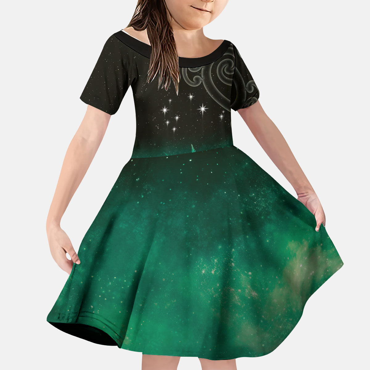New Zealand Matariki Kid Short Sleeve Dress Pleiades Star Cluster Green Galaxy LT05 KID Green - Polynesian Pride