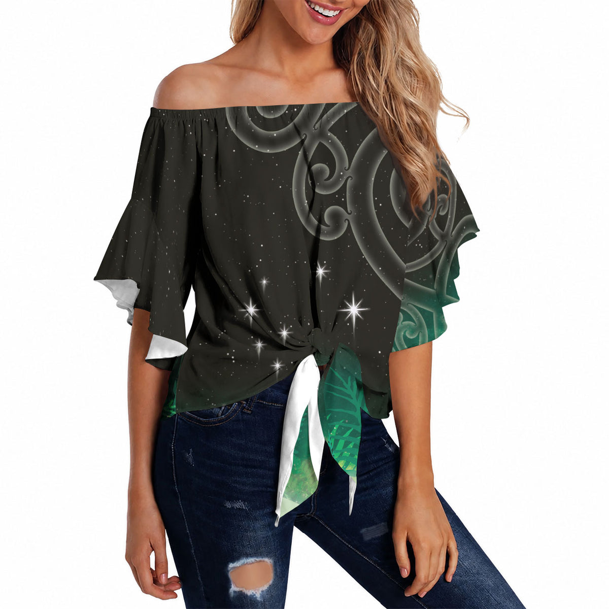 New Zealand Matariki Off Shoulder Wrap Waist Top Pleiades Star Cluster Green Galaxy LT05 - Polynesian Pride