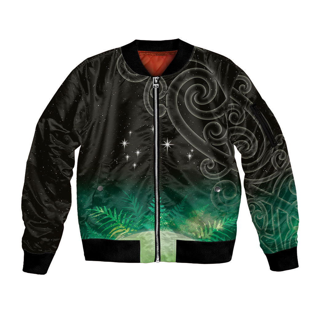 New Zealand Matariki Sleeve Zip Bomber Jacket Pleiades Star Cluster Green Galaxy LT05 Unisex Green - Polynesian Pride