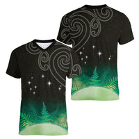 New Zealand Matariki Women V-Neck T-Shirt Pleiades Star Cluster Green Galaxy