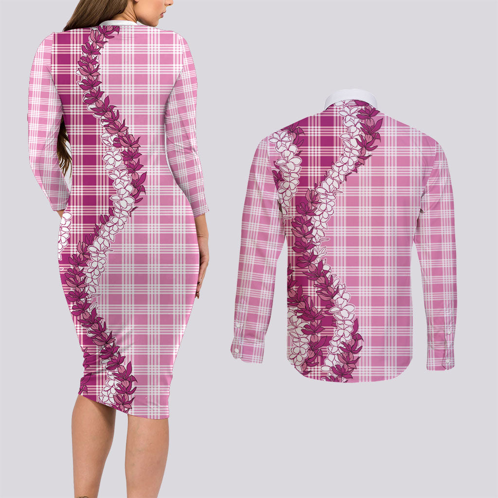 Pink Hawaii Palaka Couples Matching Long Sleeve Bodycon Dress and Long Sleeve Button Shirt Hawaiian Honohono Lei