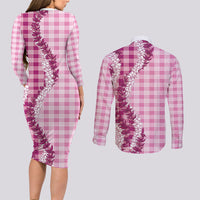 Pink Hawaii Palaka Couples Matching Long Sleeve Bodycon Dress and Long Sleeve Button Shirt Hawaiian Honohono Lei