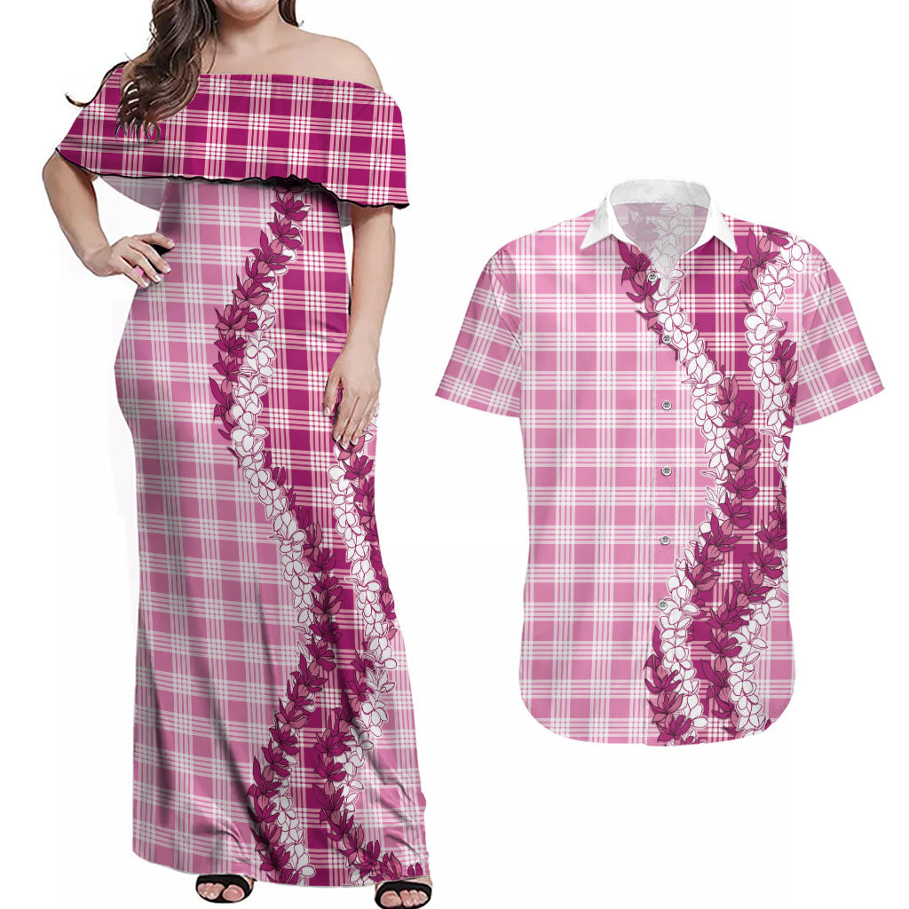 Pink Hawaii Palaka Couples Matching Off Shoulder Maxi Dress and Hawaiian Shirt Hawaiian Honohono Lei
