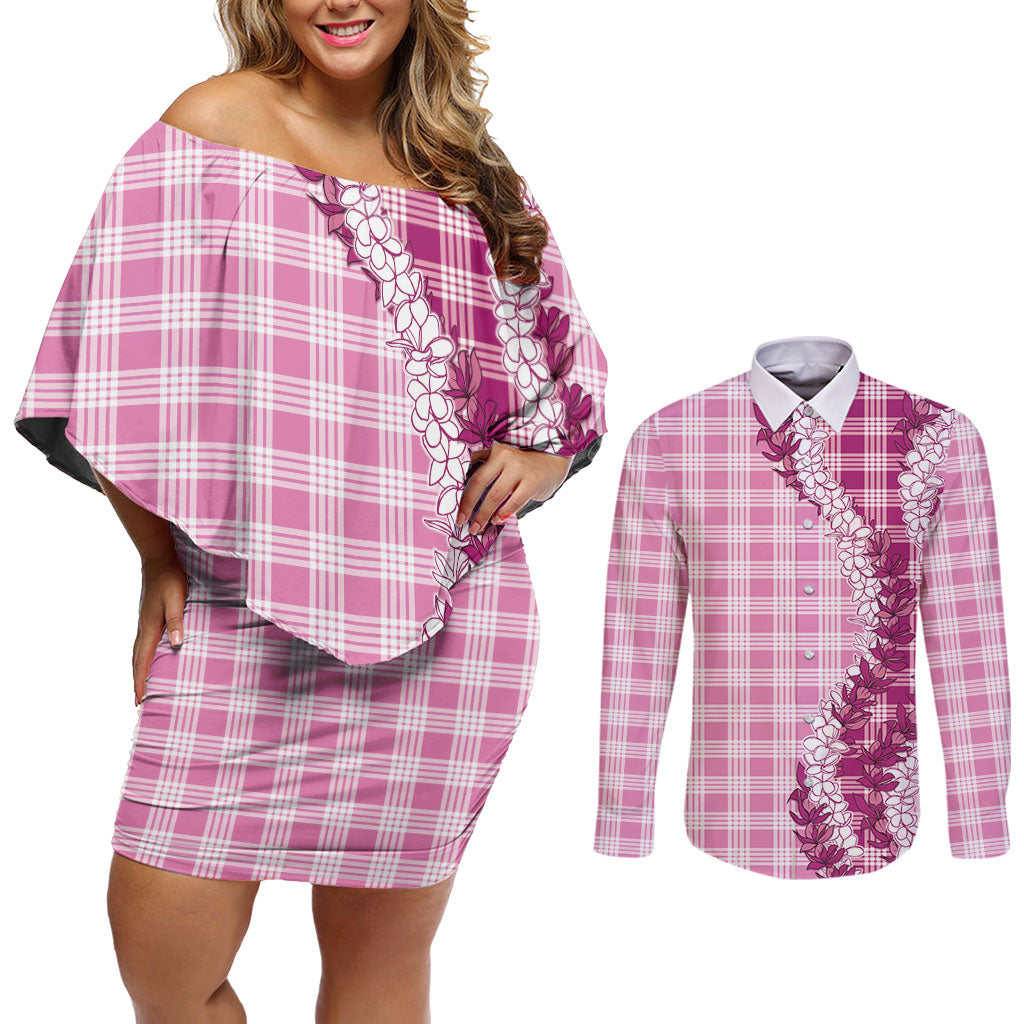 Pink Hawaii Palaka Couples Matching Off Shoulder Short Dress and Long Sleeve Button Shirt Hawaiian Honohono Lei LT05 Pink - Polynesian Pride