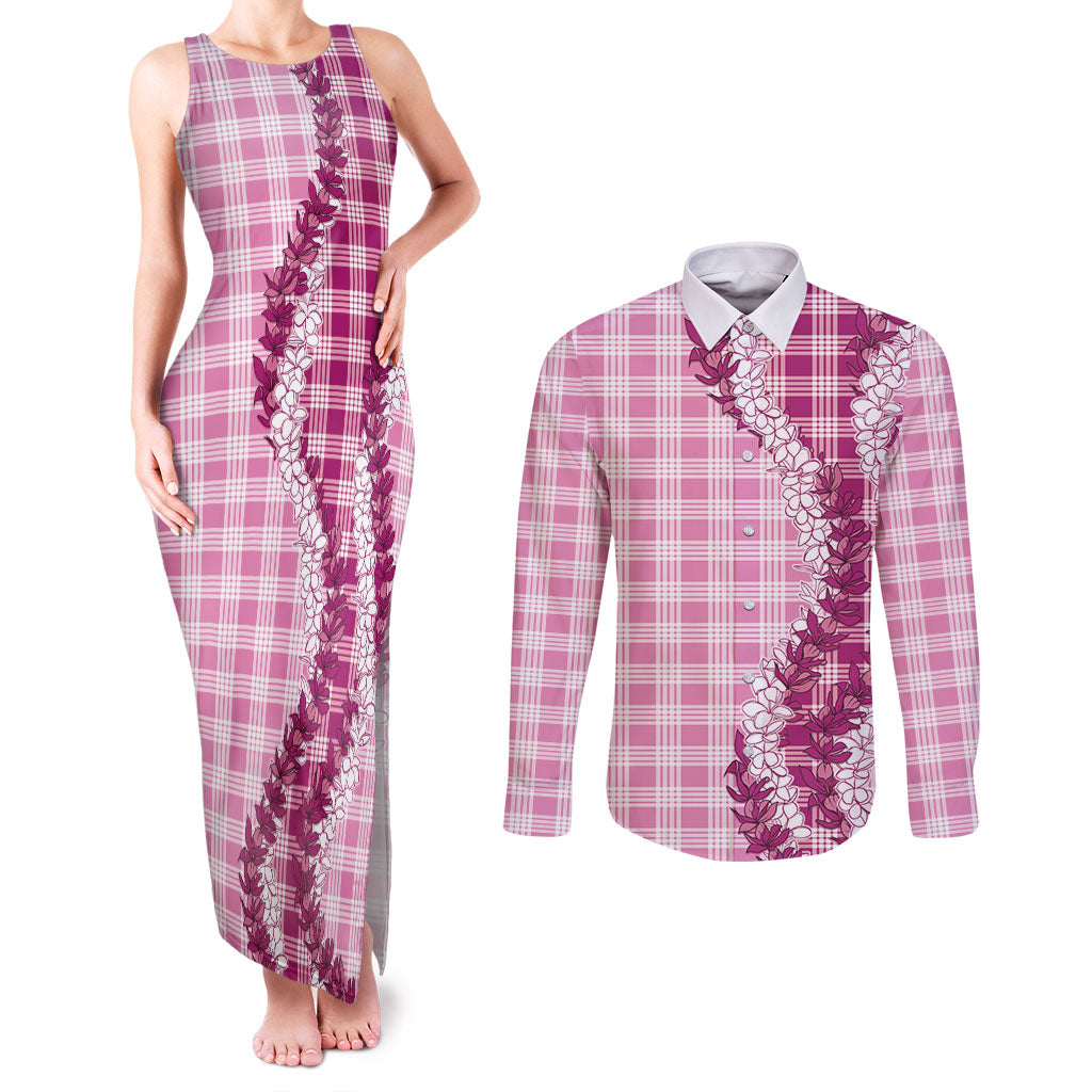 Pink Hawaii Palaka Couples Matching Tank Maxi Dress and Long Sleeve Button Shirt Hawaiian Honohono Lei LT05 Pink - Polynesian Pride