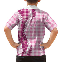 Pink Hawaii Palaka Family Matching Off The Shoulder Long Sleeve Dress and Hawaiian Shirt Hawaiian Honohono Lei