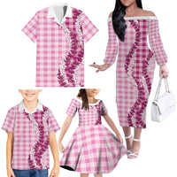 Pink Hawaii Palaka Family Matching Off The Shoulder Long Sleeve Dress and Hawaiian Shirt Hawaiian Honohono Lei