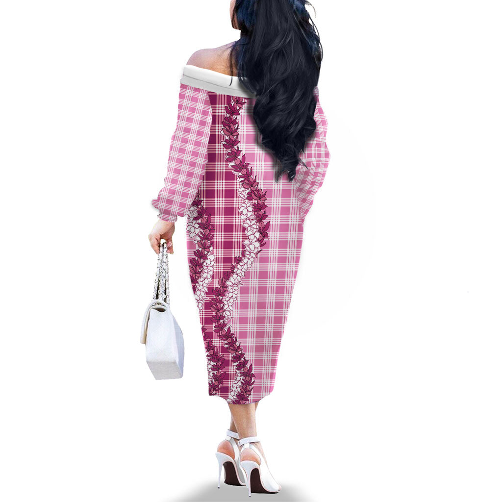Pink Hawaii Palaka Family Matching Off The Shoulder Long Sleeve Dress and Hawaiian Shirt Hawaiian Honohono Lei