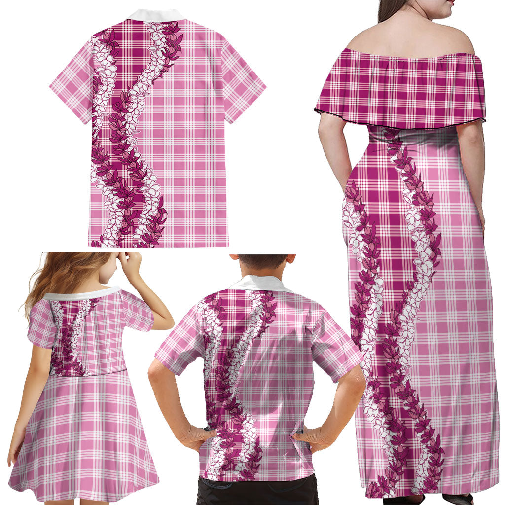 Pink Hawaii Palaka Family Matching Off Shoulder Maxi Dress and Hawaiian Shirt Hawaiian Honohono Lei
