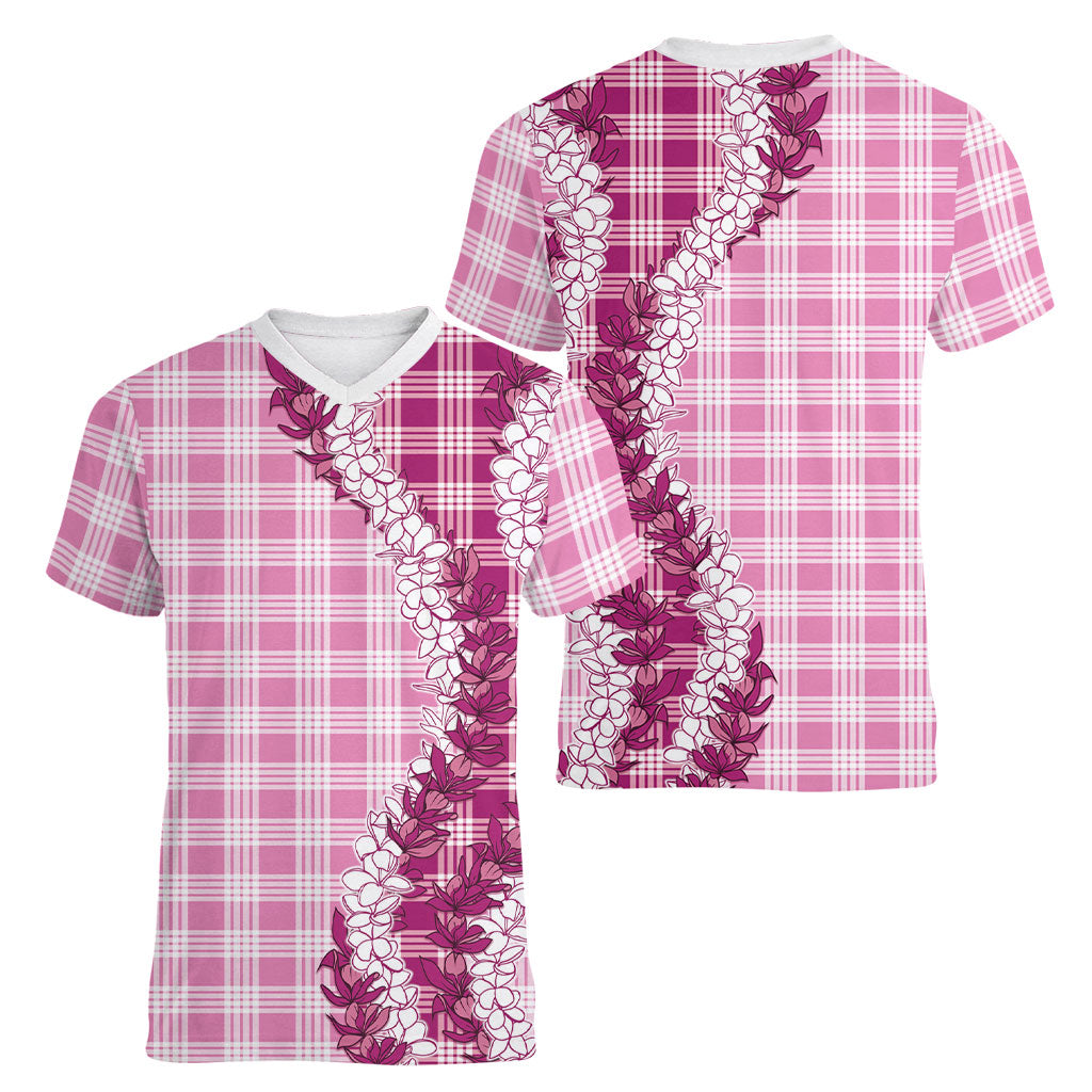 Pink Hawaii Palaka Women V-Neck T-Shirt Hawaiian Honohono Lei
