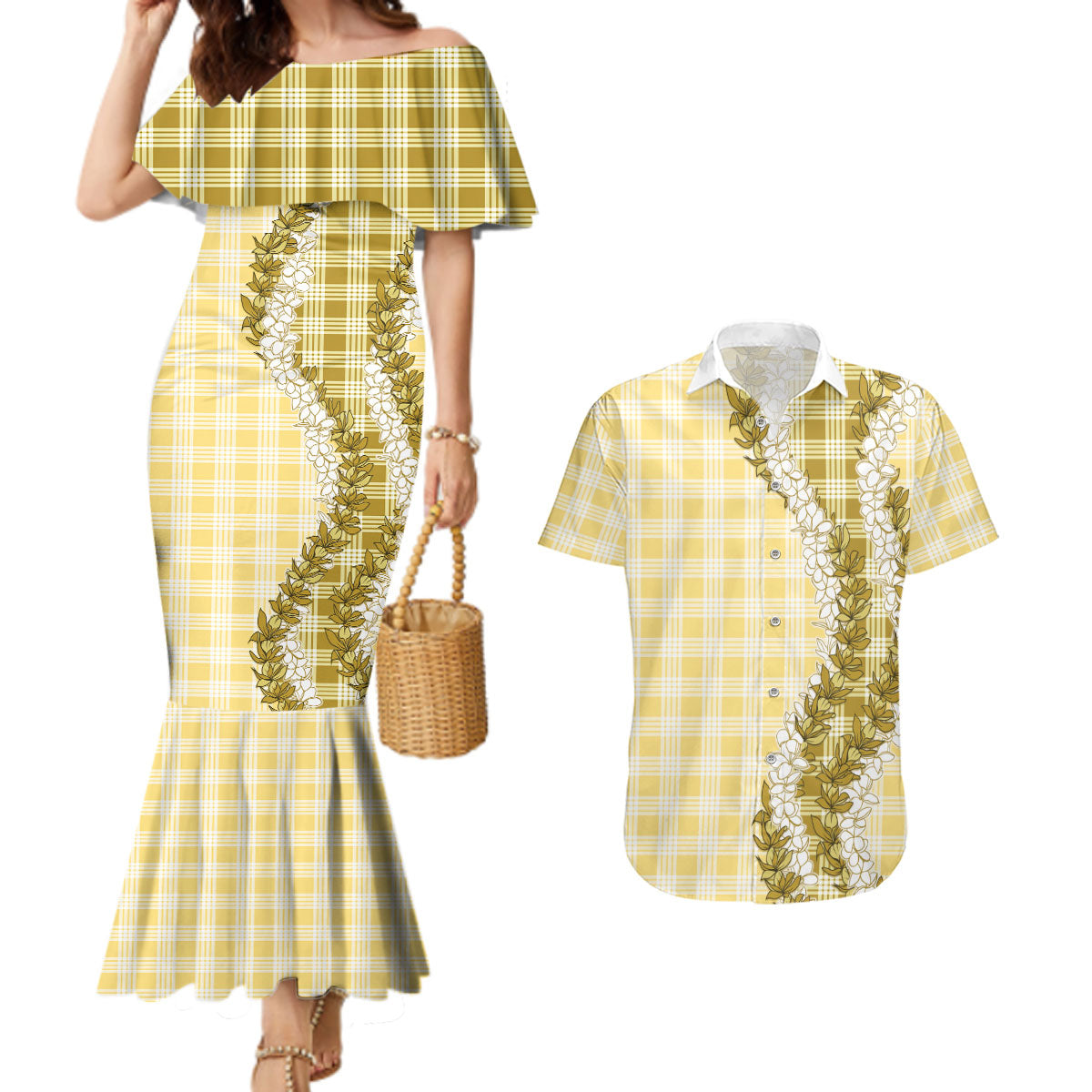 Yellow Hawaii Palaka Couples Matching Mermaid Dress and Hawaiian Shirt Hawaiian Honohono Lei LT05 Yellow - Polynesian Pride