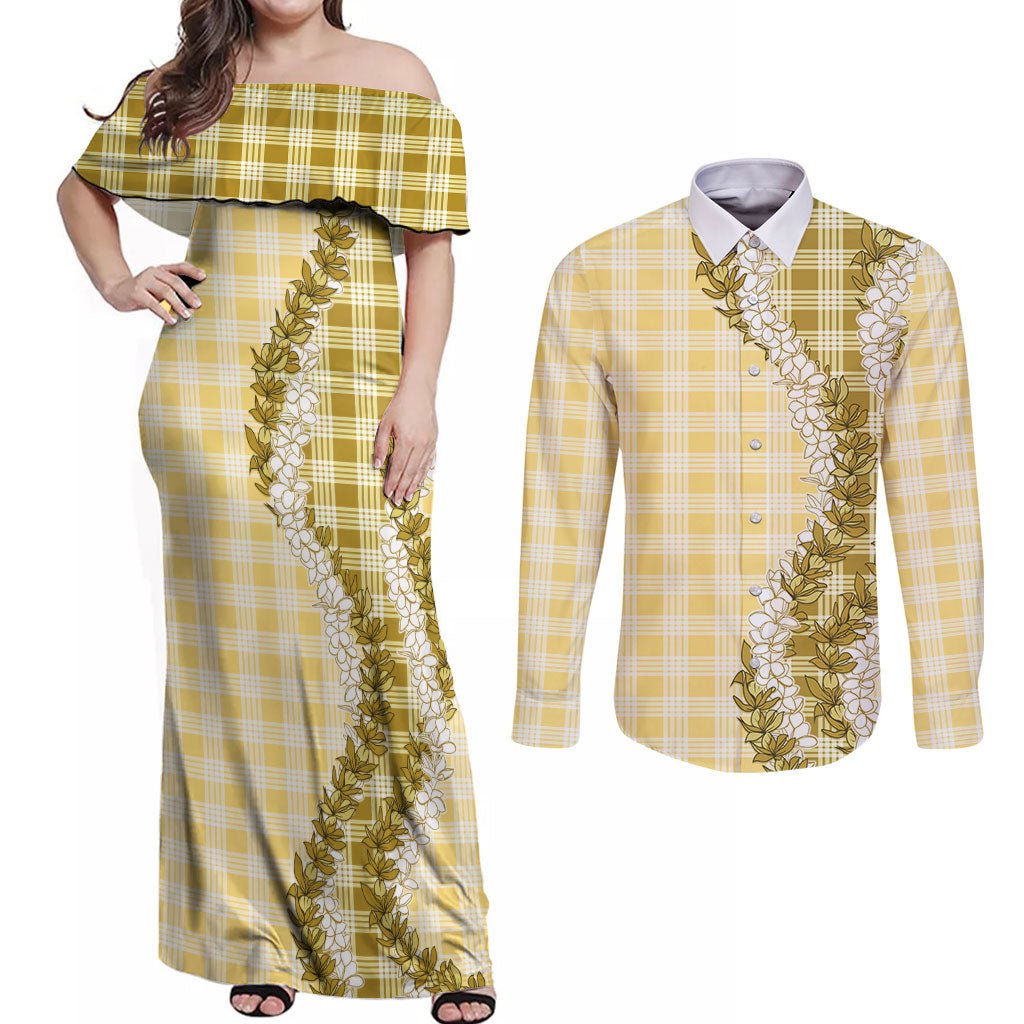 Yellow Hawaii Palaka Couples Matching Off Shoulder Maxi Dress and Long Sleeve Button Shirt Hawaiian Honohono Lei LT05 Yellow - Polynesian Pride